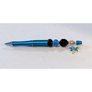 Beaded Pen - Blue, Black with Dangle, Beaded, Gift Idea
